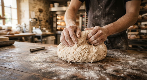 Mains farinées pétrissant une pâte au levain
